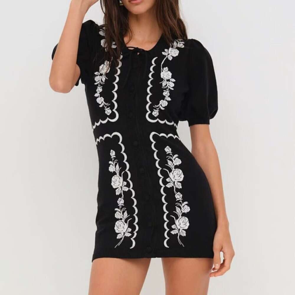 New! For Love & Lemons Josephina Black Floral Mini Dress Medium 41931